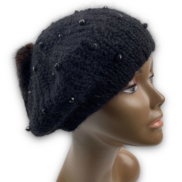 70's Italian mink tail mohair wool beaded beret winter hat - Picture 13 of 14